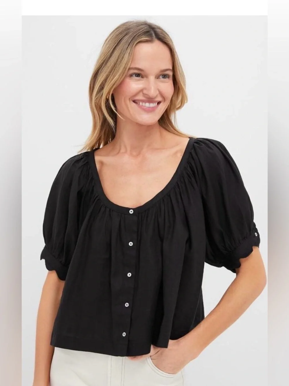 Tuckernuck Black Puff-Sleeve Button-Front Top